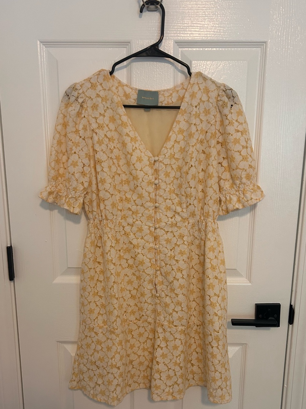 Skies Are Blue Yellow Floral Lace V-Neck Mini Dress